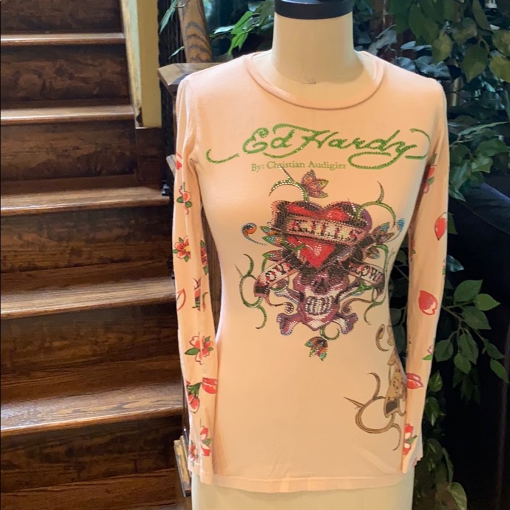Ed Hardy Pink Long Sleeve Tee with Colorful Graphics
